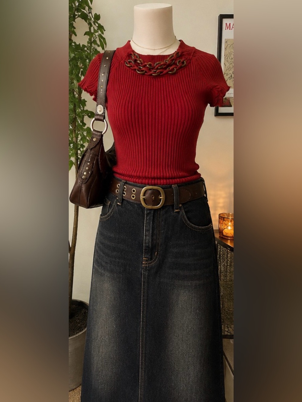 Y2K Red Chain Detail Ribbed Top